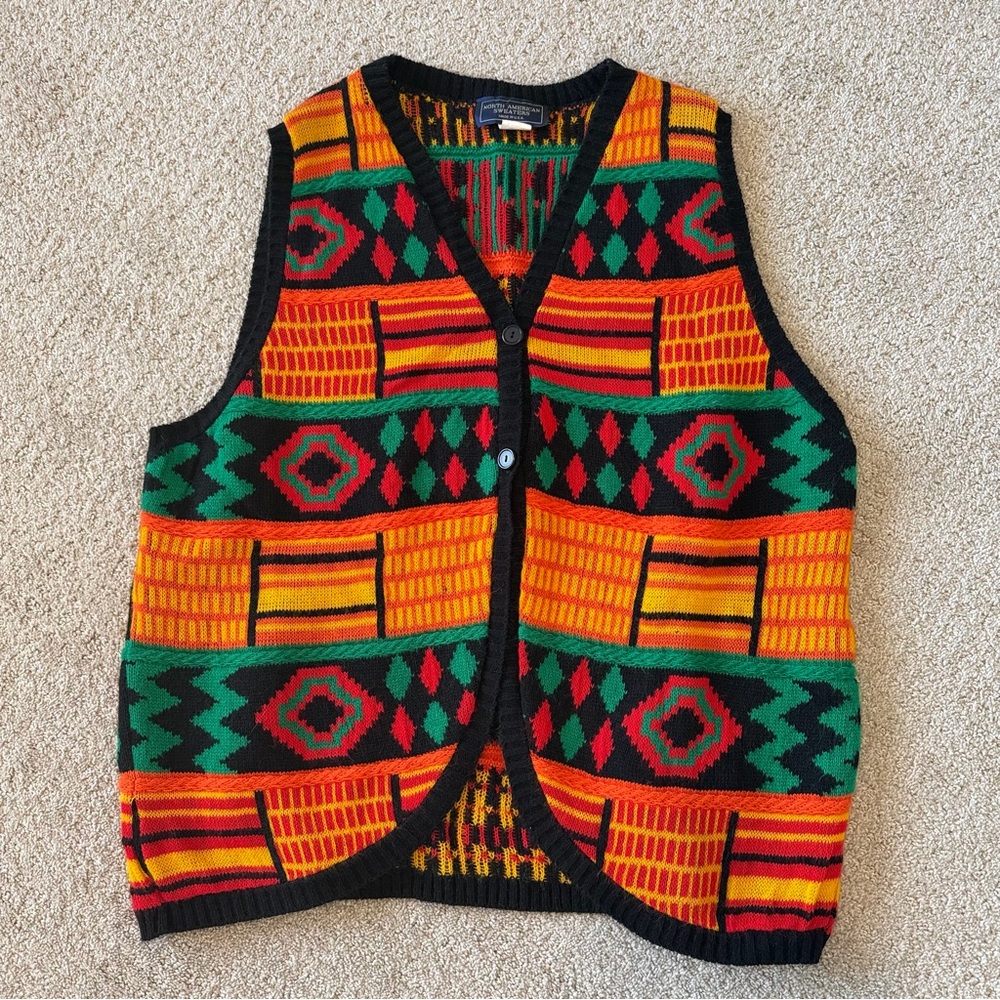 Vintage-Inspired Multicolor Geometric Knit Vest - Orange/Green/Red
